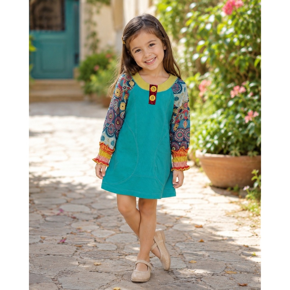 Hannah Banana Girls Teal Floral Long Sleeve Dress Size 5
